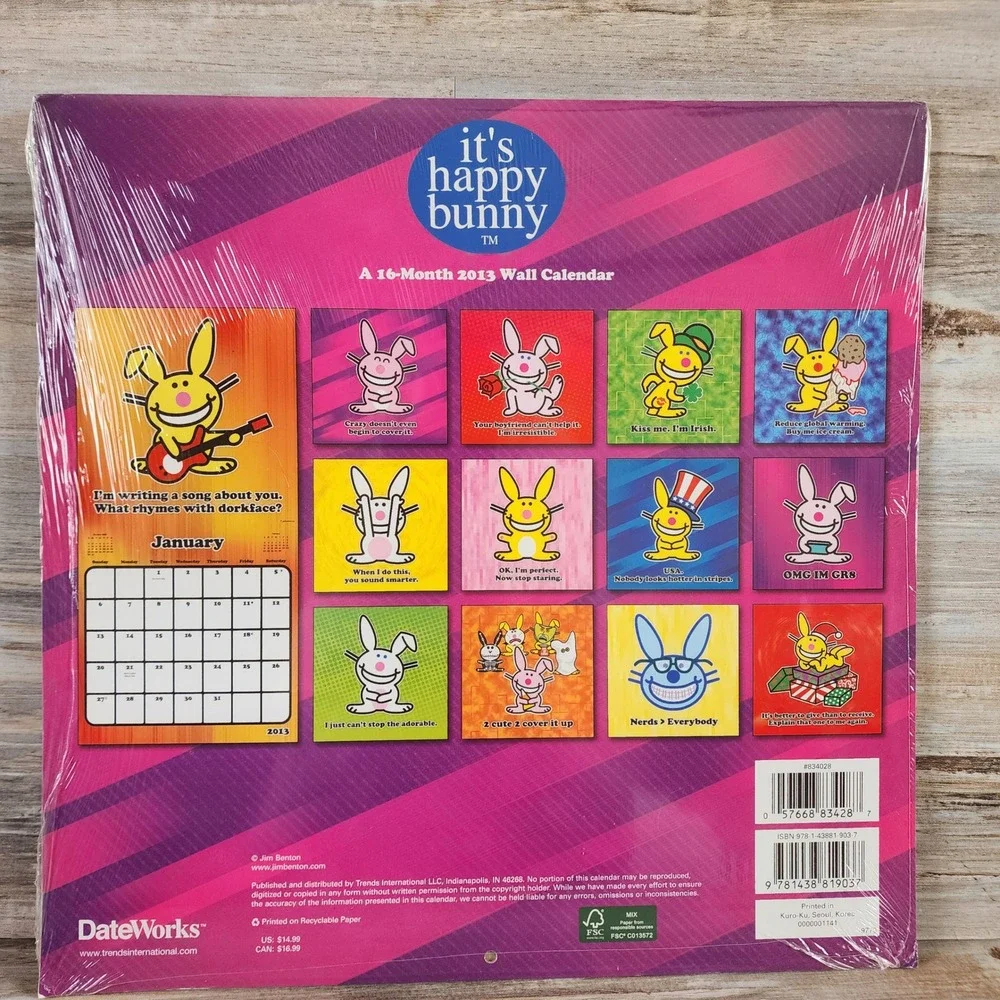 Vintage It's Happy Bunny 2013 Wall Calendar Jim Benton Sealed Y2K Nostalgia